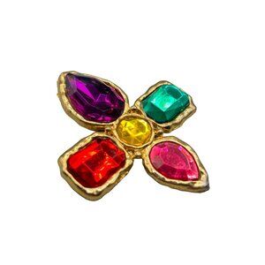 Vtg 80s 90s Colorful Pin Brooch Jeweled Red Green Purple Pink Gold Tone Metal